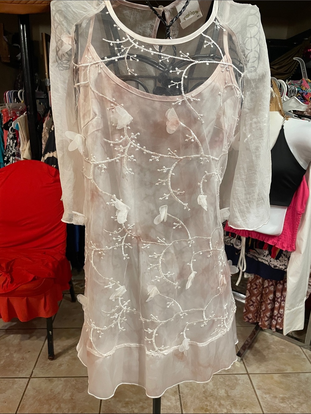 Sheer Embroidered Mini Dress - White